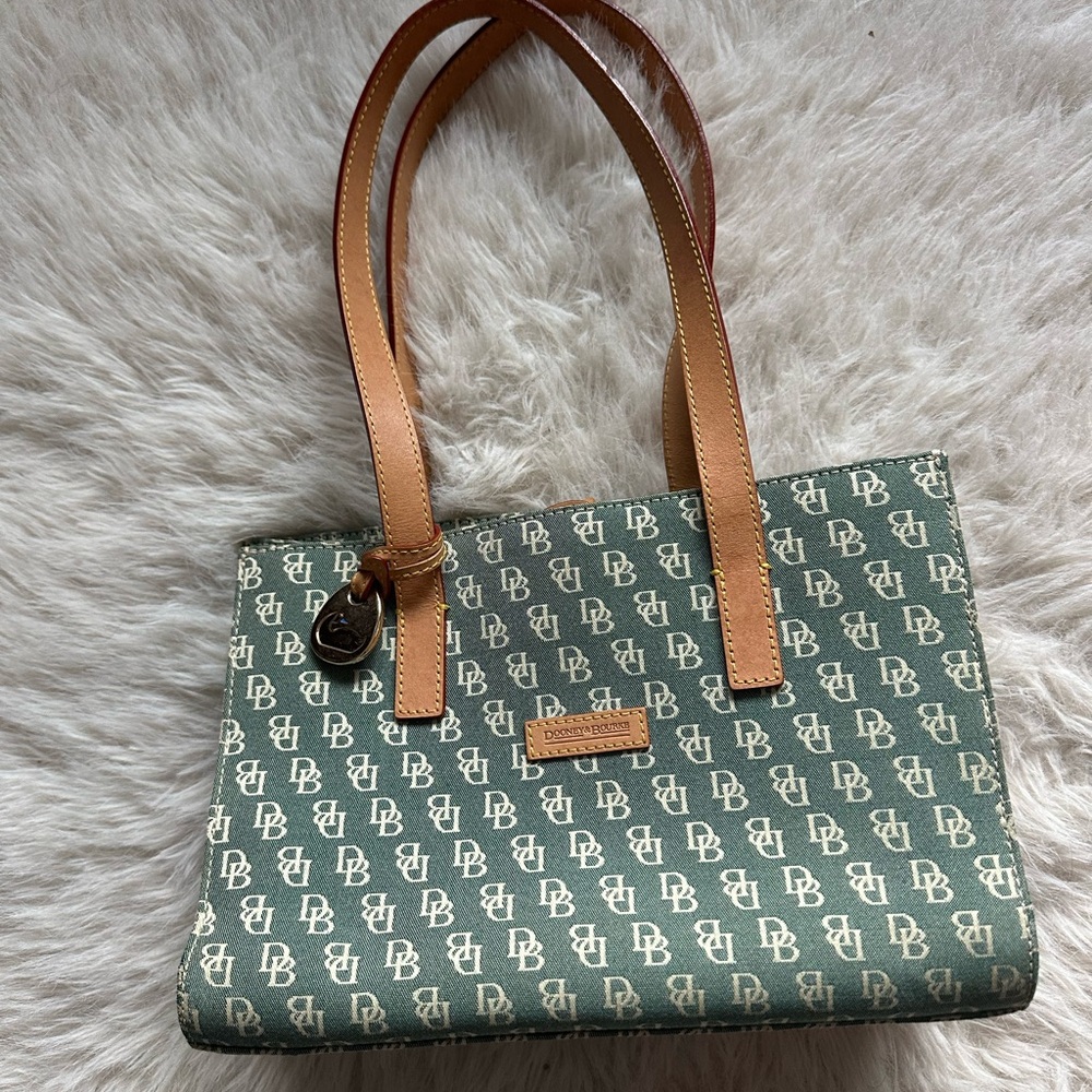 Dooney & Bourke Monogrammed grayish Green canvas and Tan leather tote bag